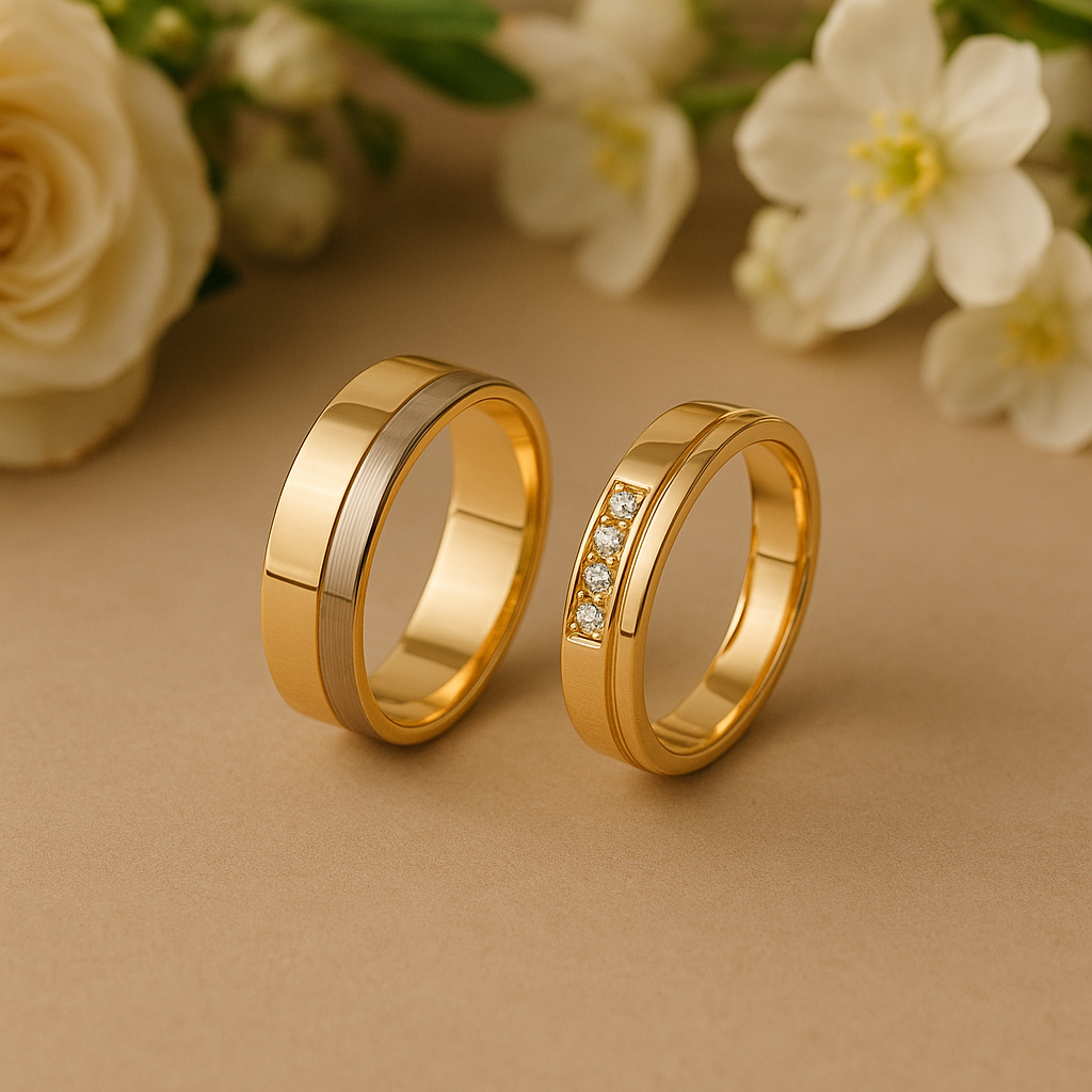złote obrączki ślubne – dwie obrączki z żółtego złota, jedna z diamentami, druga dwukolorowa, na tle kwiatów