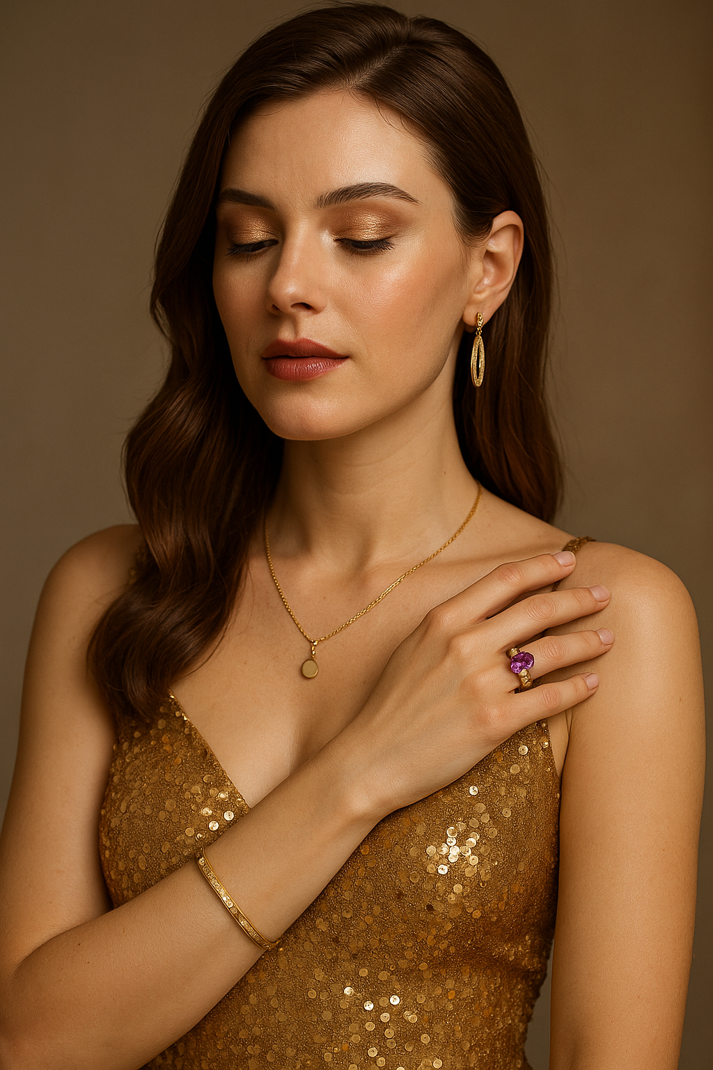 Kobieta w złotej sukni z błyszczącym pierścionkiem z ametystem i delikatną złotą biżuterią na tle w ciepłych tonacjach